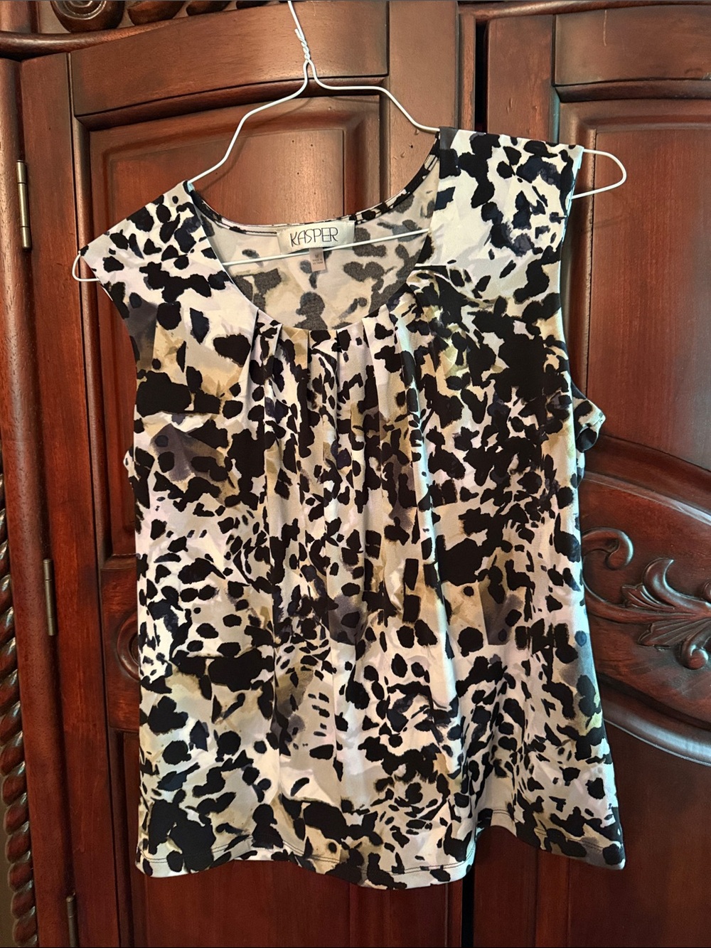 Kasper Black and Cream Printed Cap-Sleeve Blouse